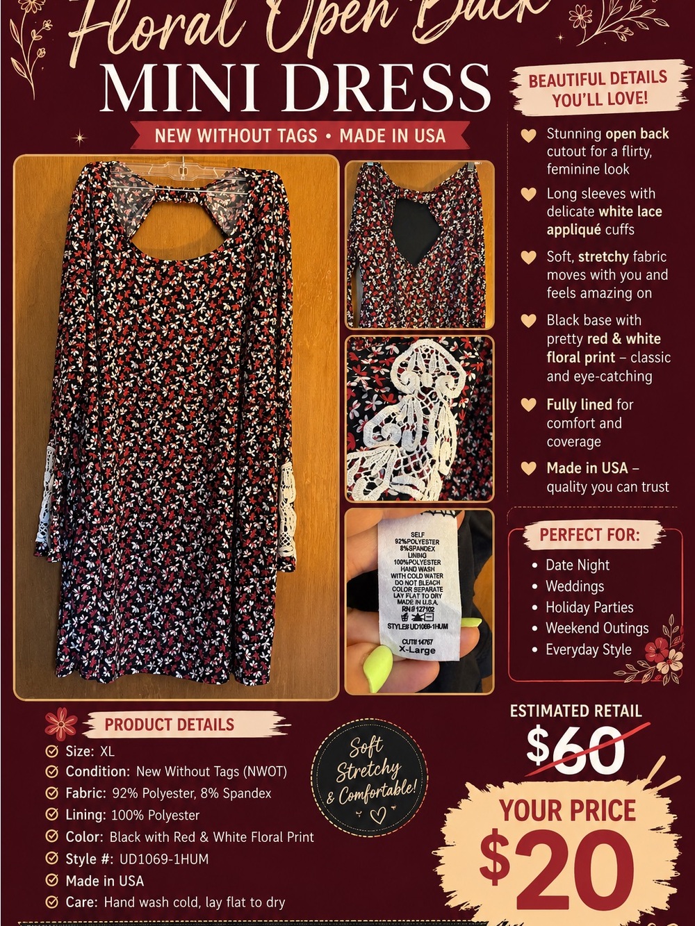 Pinkblush Black Red & White Floral Open-Back Mini Dress